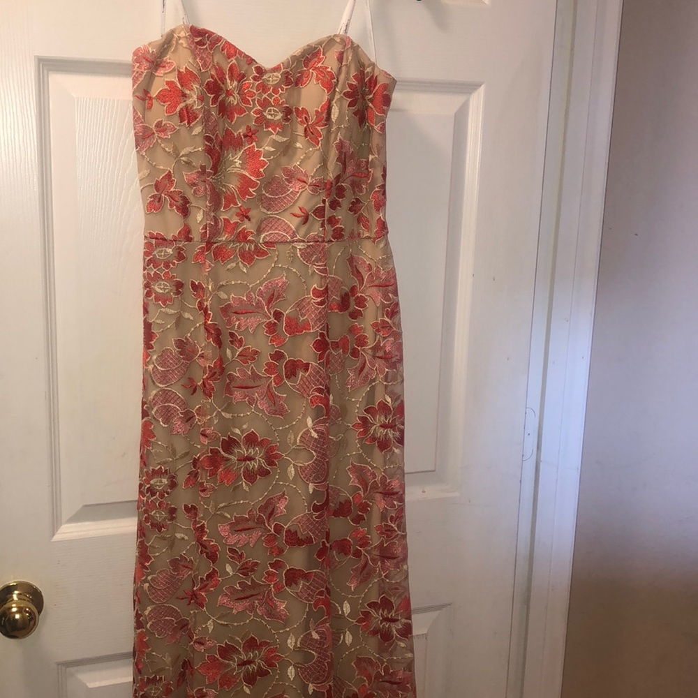 Orange, red, and pink ball gown